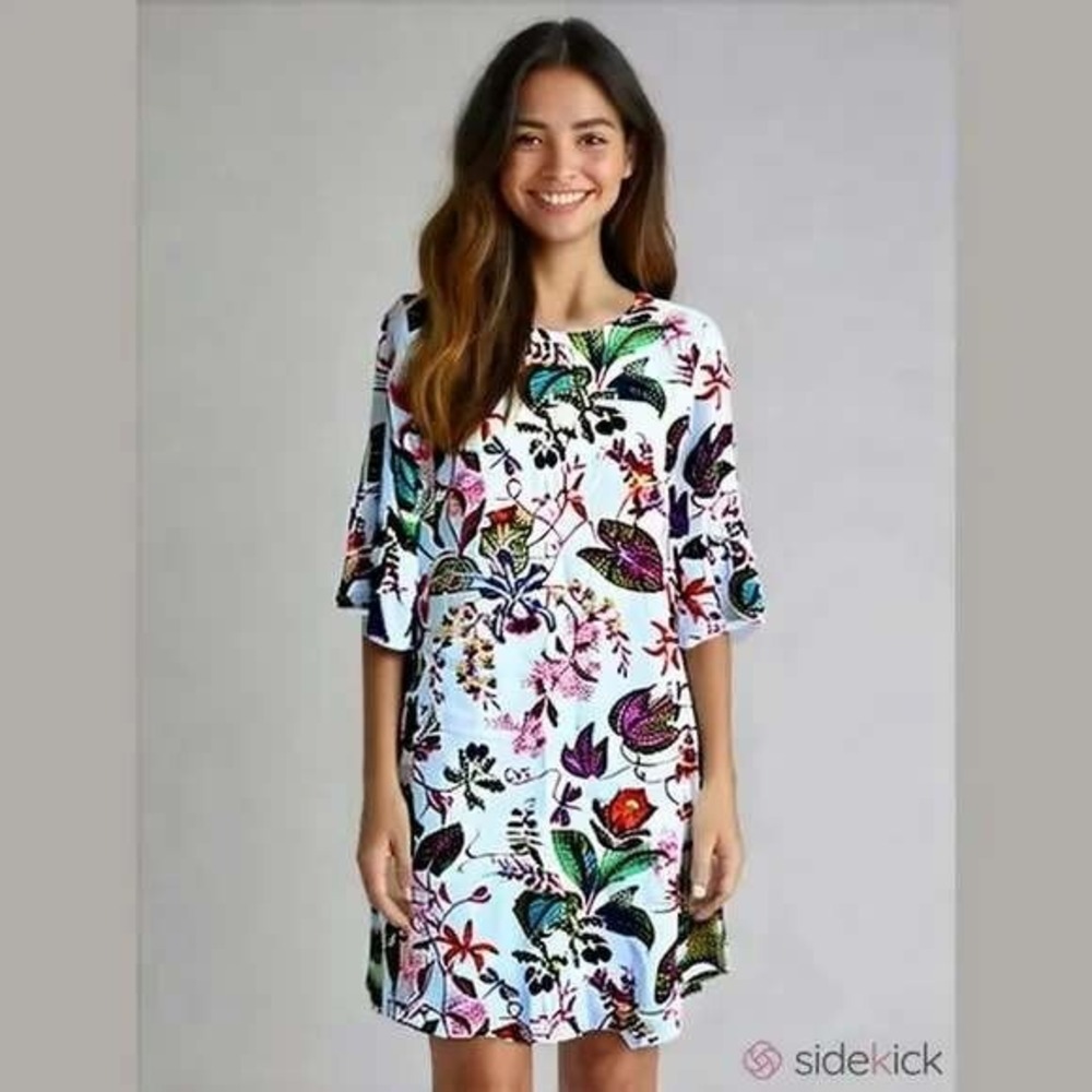 NWT H&M Women's 3/4 Ruffled Sleeve Dress White Multi Floral Botanical Size 6